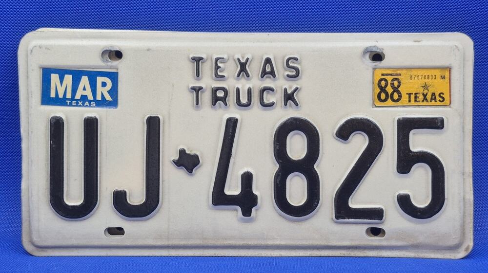 Vintage 1980s Texas Truck Metal License Plate White Black